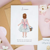 Personalised flower girl proposal card with illustrated girl in pastel dress, thank-you text