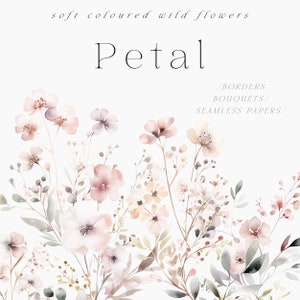 Watercolor wildflower floral pattern with dusty rose mauve blooms and leaves