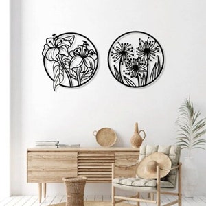 Floral wall sticker set with two circular laser-cut flower outlines