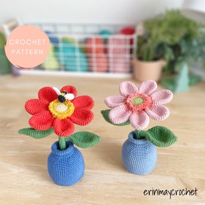 Crochet flower amigurumi set: red and pink blooms in blue pots