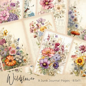 Watercolor wildflower junk journal printable collage pages, 9 page set with floral motifs