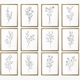 Flower Line Art Prints Set Of 12 Minimalist Wall Flower Bouquet Wall Decor, Gallery Wall Botanical Prints, Black and White Wildflower Decor