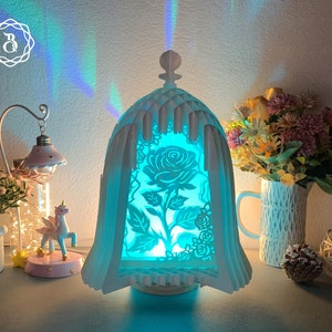 Teal glowing bottle-shaped 3D popup card with rose floral cutout