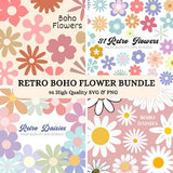 Boho Retro Flower SVG PNG Bundle, Retro Floral svg Bundle, Retro Daisy svg, Groovy Flower svg, Cute Flower svg Bundle, Cricut Flower Bundle