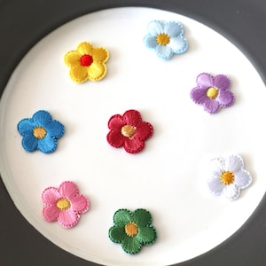 Small embroidered flower iron-on patches, multicolor set with round yellow, blue, pink flowers