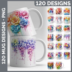 Floral watercolor mug wrap designs set with colorful flower bouquets and dripping accents
