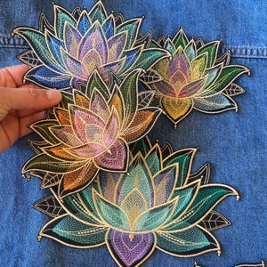 Embroidered lotus mandala flower patch applique, multicolor geometric iron-on