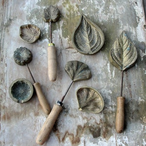 Brass ginkgo and petal leaf stamping tools with wooden handles