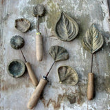 Brass ginkgo and petal leaf stamping tools with wooden handles