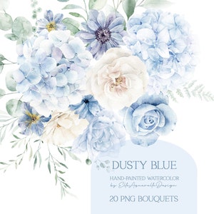 Dusty blue watercolor floral bouquet with hydrangea and roses, hand-painted style