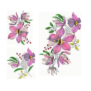 Multicolor flower embroidery design with outline and filled petals, four motif patches