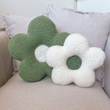 Green and White Daisy flower shaped cushion made with a textured boucle like Teddy fabric perfect to decorate kids/teen bedroom/nursery/sofa