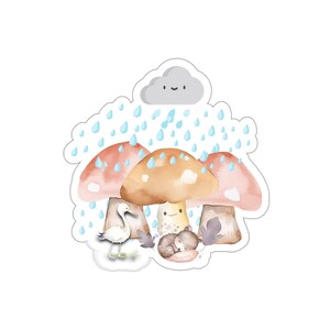 Cute animal sticker design: umbrella over baby bear and stork, rainy raindrop scene