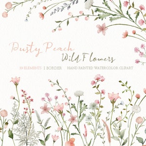 Dusty peach watercolor wildflower border with pink flowers and green leaves