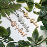 Floral name pendant necklace with birth-flower charm, gold and silver tones