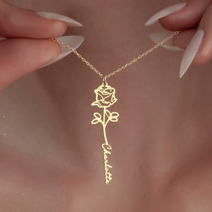 Dainty vertical flower pendant necklace with cursive birth-flower charm