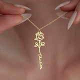 Birth Flower Name Necklace, Personalized Flower Jewelry in Sterling Silver, Custom Floral Pendant, Vertical Flower Necklace, Dainty Flowers