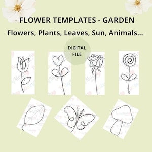 Digital wire art templates with flower, plant, leaf, sun, and animal line patterns