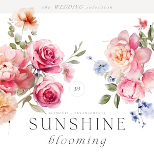 Watercolor floral clipart bundle with pink roses, peonies, and soft greenery elements