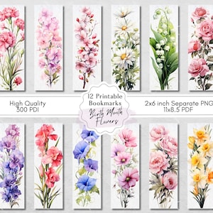 Birth month flower printable bookmarks set, 12 vertical floral designs, assorted colors
