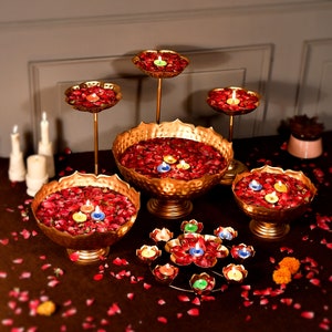 Taj Urli Bowl Set, Urli With Stand For Floating Candle-Flowers, Diwali Decor, 13 Piece Set, Candle Holder For Home, Free Express Delivery