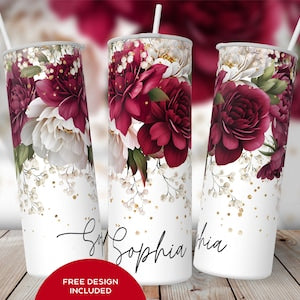 20oz skinny tumbler wrap: burgundy floral design on white with script