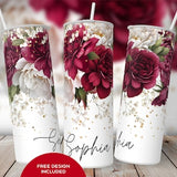 Floral Tumbler, Burgundy flowers, Add your own text or name, Sublimation Tumbler, Seamless floral design 20oz Skinny Tumbler Wraps PNG