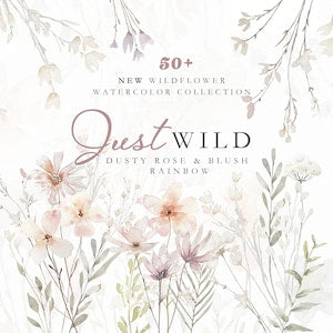 Watercolor wildflower clipart sheet with dusty rose blooms and green botanical leaves border