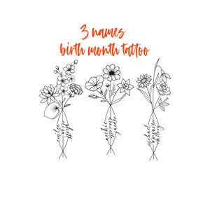 Line-art birth month flower tattoo set with three name stems and fine floral details