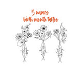 3 Names Birth Month Flowers Tattoo Art , Custom Name Design , Line Art Birth Flower Tattoo Design, Couple Family Personalized Tattoo Design