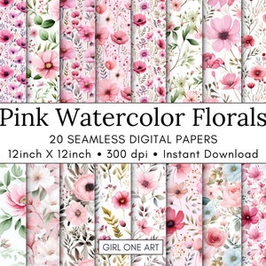 Pink watercolor floral seamless printable paper set, wildflower scrapbook backgrounds