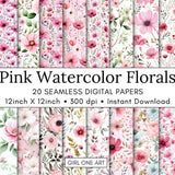 20 Pink Watercolor Floral Printable Paper Seamless Shabby Chic Instant Digital Download Floral Wildflower Scrapbook Junk Journal Paper JPG