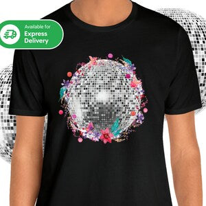 Black dance T-shirt with colorful disco ball graphic