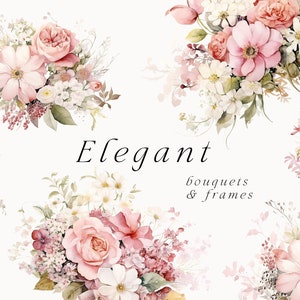 Watercolor floral bouquet clipart with pink roses, soft cream flowers, and leaves