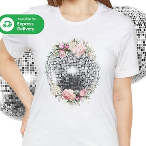 White dance t-shirt with disco ball graphic and pink floral wreath