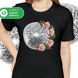 Black dance T-shirt with silver disco ball and pink rose graphic