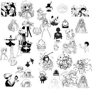 Anime character SVG/PNG clipart sheet with black-and-white line art characters and icons