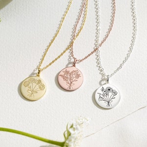 Flower pendant necklace set with round tree-bloom charms and layered chain (gold, rose, silver)