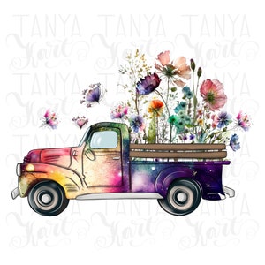 Watercolor flower truck PNG design with rainbow cab and floral bouquet in truck bed