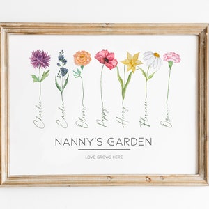 Personalised Nanny's Garden framed print with colorful flowers and NANNY'S GARDEN text
