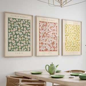 Birmingham Paris flower market wall art set of 3 botanical prints, green, peach, yellow
