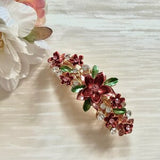 Multicolor flower rhinestone barrette hair clip with red and green gem accents