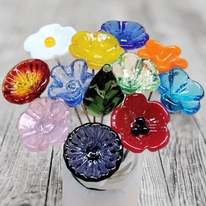 Bright glass flower bouquet with multicolor handcrafted blooms and green leaf