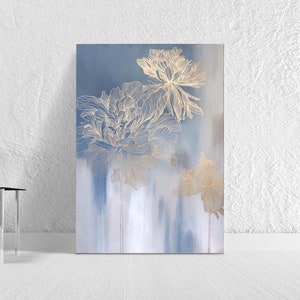 Large canvas flower painting with blue background and gold peony blooms
