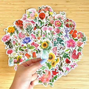 Watercolor floral die-cut stickers, assorted blooms with white border
