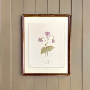 Framed botanical art print with hand-drawn purple flowers and green leaves