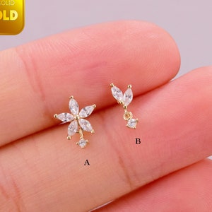 14k solid gold flower dangle cartilage earrings with small crystal petals