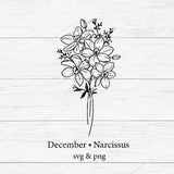 Line-art narcissus flower bouquet with leaves and thin stem, minimal black outline
