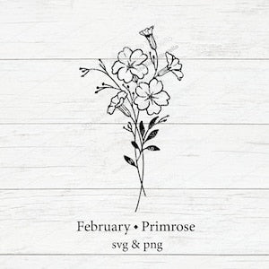 Primrose birth flower bouquet SVG with slender stem and blossoms, labeled February