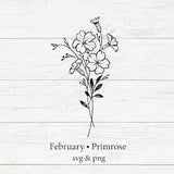 Primrose birth flower bouquet SVG with slender stem and blossoms, labeled February